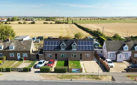 Aerial photo of Moat housing in Maldon with solar panel on roofs